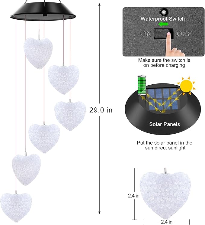 Solar Wind Chimes Outdoor Color Changing Lights, Gift for Women Mom Grandma Sister Best Gifts, Wind Chimes Unique Outdoor Garden Yard Decor (Heart)