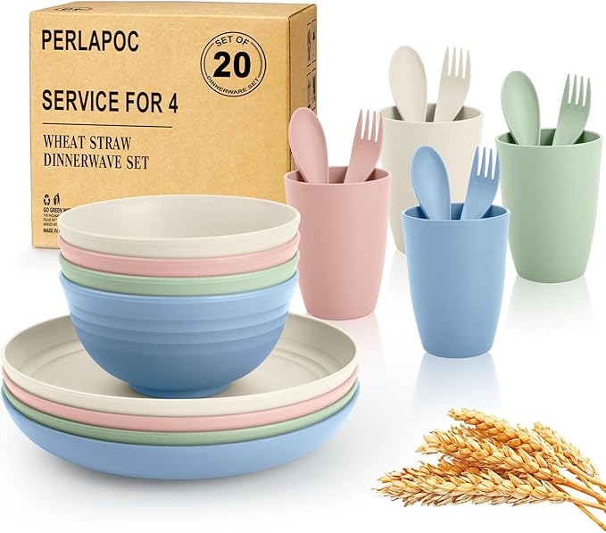 Wheat Straw Dinnerware Sets, Service for 4, Kitchen Plates and Bowls Sets with Dinner Plate/Cereal Bowl/Cup/Fork/Spoon, 20-Piece for Outdoor Camping, RV, Apartment Essentials - Colorful