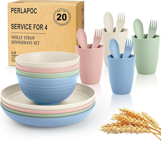 Wheat Straw Dinnerware Sets, Service for 4, Kitchen Plates and Bowls Sets with Dinner Plate/Cereal Bowl/Cup/Fork/Spoon, 20-Piece for Outdoor Camping, RV, Apartment Essentials - Colorful
