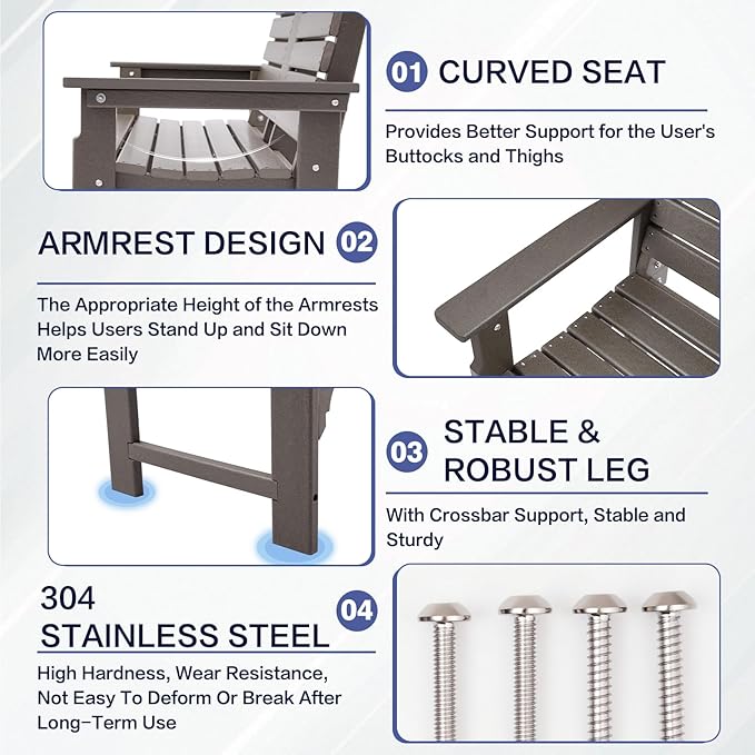 Outdoor Bench Weatherproof - HDPE 2-Person Garden Bench with Cup Holders, Bench Furniture with Backrest and Armrests, 700 lbs Capacity, Patio Park Bench for Front Porch Backyard Park (Brown)