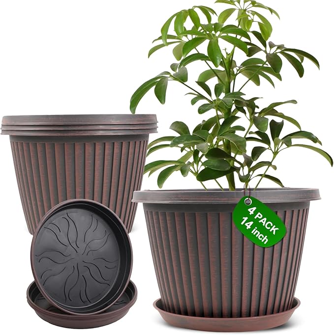 Large-Planter-Indoor-Outdoor Plant Pots, 14 inch 4 Pack Plastic Flower Pots with Saucer and Drainage Holes, Modern Garden Planters for Planting Medium Large Plants， Decorative Resin Garden Pots