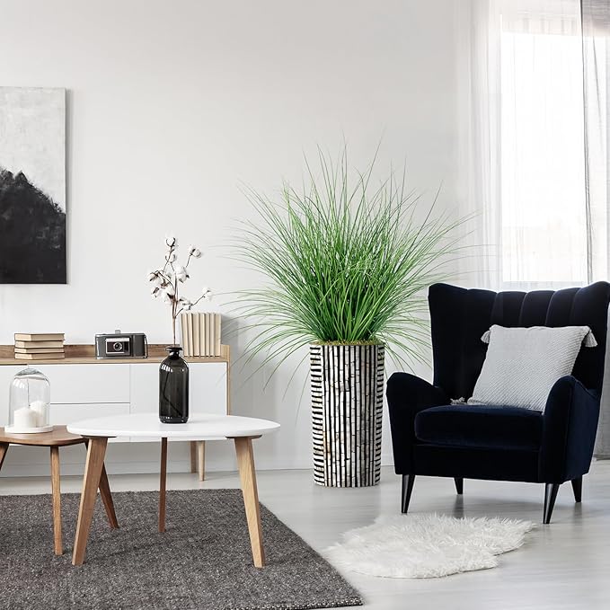 Artificial Tree in Black and Brown Striped Planter, Fake Onion Grass Silk Tree for Indoor and Outdoor Home Decoration - 55" Overall Tall (Plant Pot Plus Tree)