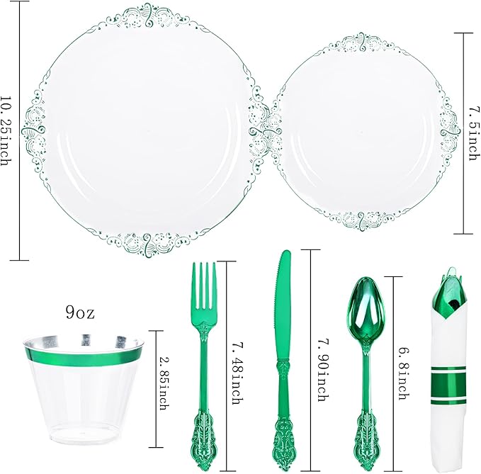 Hioasis 175pcs Clear Green Plastic Plates - Elegant Disposable Dinnerware Set Suitable for 25 Guests Include 10.25" Dinner & 7.5" Dessert Plates, Pre Rolled Silverware Set, Cups for Party & Wedding