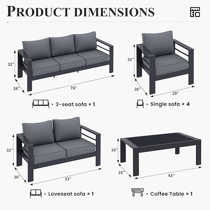 Aluminum Patio Furniture Set, 7 Piece Metal Outdoor Set, Patio Furniture Set with Waterproof Covers for Backyard Garden（Grey）