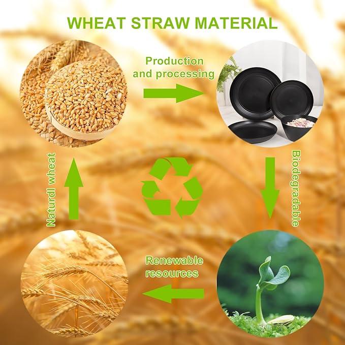 LIYH 48 Pcs Black Wheat Straw Plates and Bowls Dinnerware Set Camping Dish Set for 12,Plastic Plates and Bowls,Dishwasher Safe Dinnerware Set,Unbreakable Plastic Camper Dish Sets