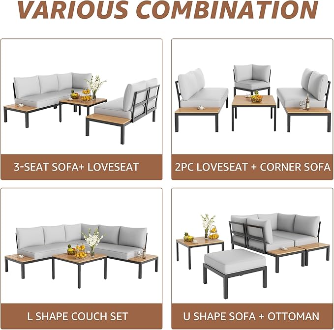 NATURAL EXPRESSIONS Patio Furniture Sets, L Shape Patio Sectional Metal Outdoor Sectional Corner Sofa Outdoor Couch with Detachable Backrest,3 Fauxwood Tables,5” Grey Olefin Cushions