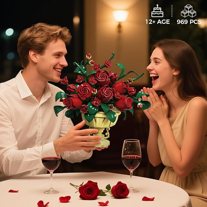 Rose Flower Building Set, 969 PCS Botanicals Flowers Bouquet Building Block Kit with Pot, Artificial Bonsai Plant Collection Office Home Decor, Birthday Gift for Adults Women Boys Girls 12+