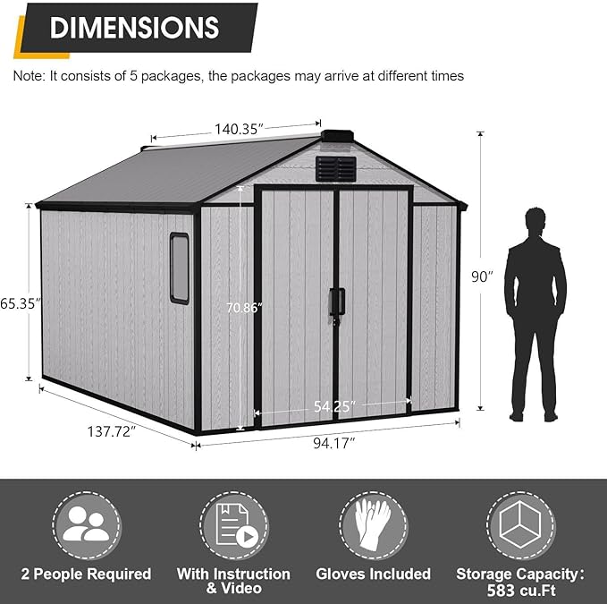 8 x 12 FT Resin Storage Shed, All-Weather Plastic Garden Outdoor Shed with Floor, Lockable Doors & Windows, Plastic Tool Shed for Poolside, Backyard, Patio