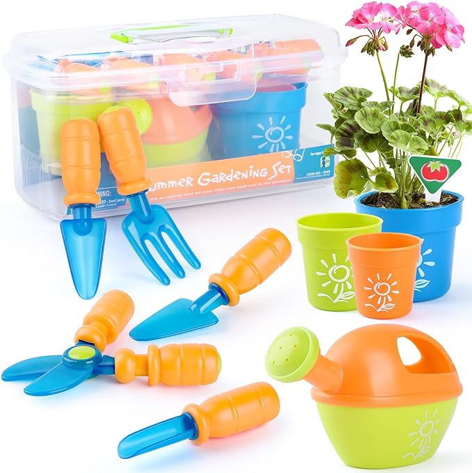 Kids Gardening Set, Garden Tool Set for Kids, Gardening Tools Kit with Shovel, Fork, Spade, Scissors, Flower Pot, Watering Can and Storage Box, Summer Outdoor Toys for Toddlers Boys Girls Gift