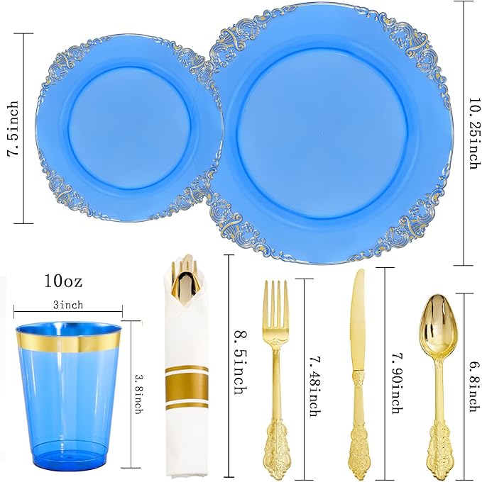 Hioasis 210pcs Blue and Gold Plastic Plates - Elegant Disposable Dinnerware Set Suitable for 30 Guests Include 10.25" Dinner & 7.5" Dessert Plates, Pre Rolled Silverware Set, Cups for Party & Wedding