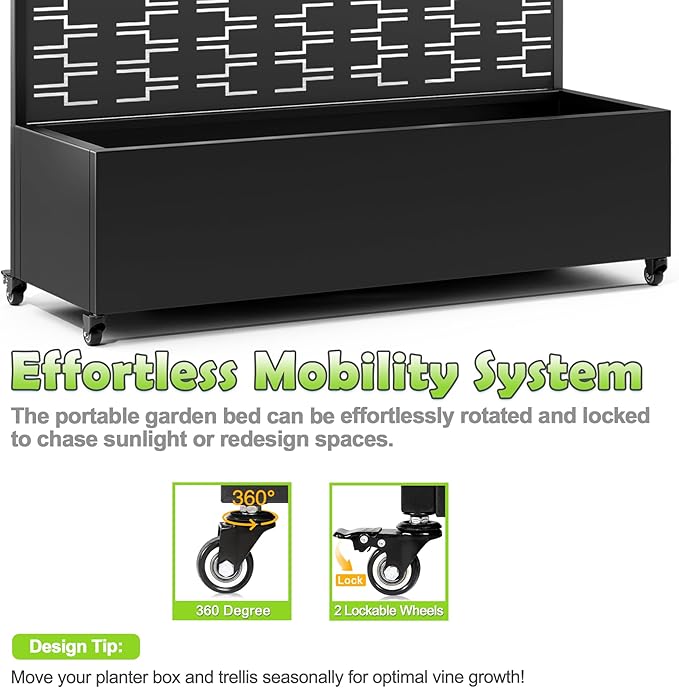 15.7"×70.9"×47.2" Metal Raised Garden Bed with Trellis and Wheels - Tall Trellis Planter Box for Climbing Plants, Vegetables & Vines - Outdoor Privacy Planters for Patio (Black-Brick)