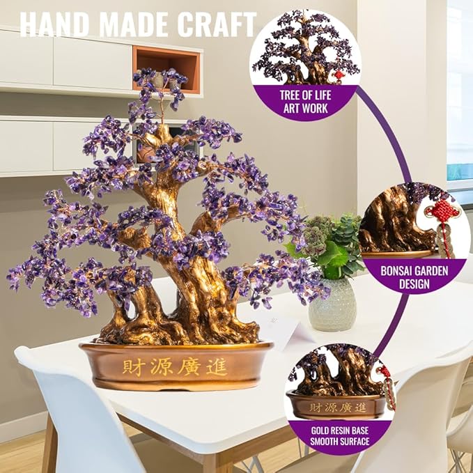 Natural Large Amethyst Tree,18" Amethyst Crystal Bonsai Tree(1300 Gemstone Count) Chakra Tree with Healing Properties Crystal Feng Shui Money Tree of Life for Positive Energy Good Luck Wealth