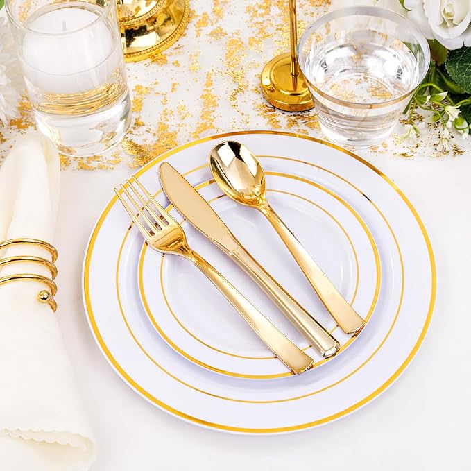 WELLIFE 300Pcs Gold Dinnerware Set for 50 Guests, Gold Rim Plastic Plates Disposable, 50 Dinner and 50 Salad Plates, 50 Cups, 50 Silverware Set for Party