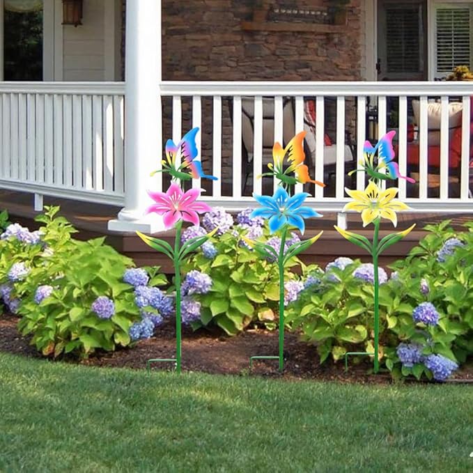 Metal Flowers for Outside, 30.3-22.4" 3-Pack Metal Colorful Butterfly & Flower Decorative Garden Stakes for Spring Garden Decor, Yard Art Decorations for Patio Lawn Ornaments