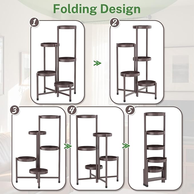 iDavosic.ly Plant Stand Indoor Outdoor, 5 Tier Corner Metal Flower Display Holder Shelf, Folding Tall Orchid Rack for Patio Balcony Porch Garden Living Room House, Violet Bronze