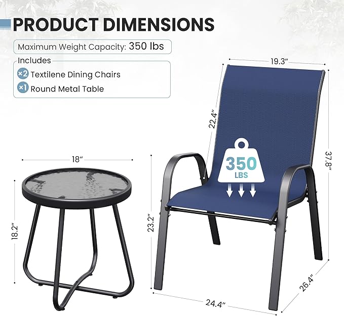 Patio Table and Chairs Set - 3 Piece Outdoor Stackable Dinging Chairs for All Weather,Breathable Garden Furniture for Deck Garden Backyard (Navy Blue)