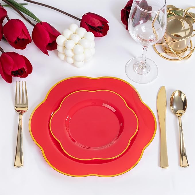 Liacere 50PCS Red Plastic Plates - Heavy Duty Disposable Plate-Red and Gold Include 25PCS Dinner Plate, 25PCS Dessert Plates for Halloween＆Thanksgiving＆Christmas