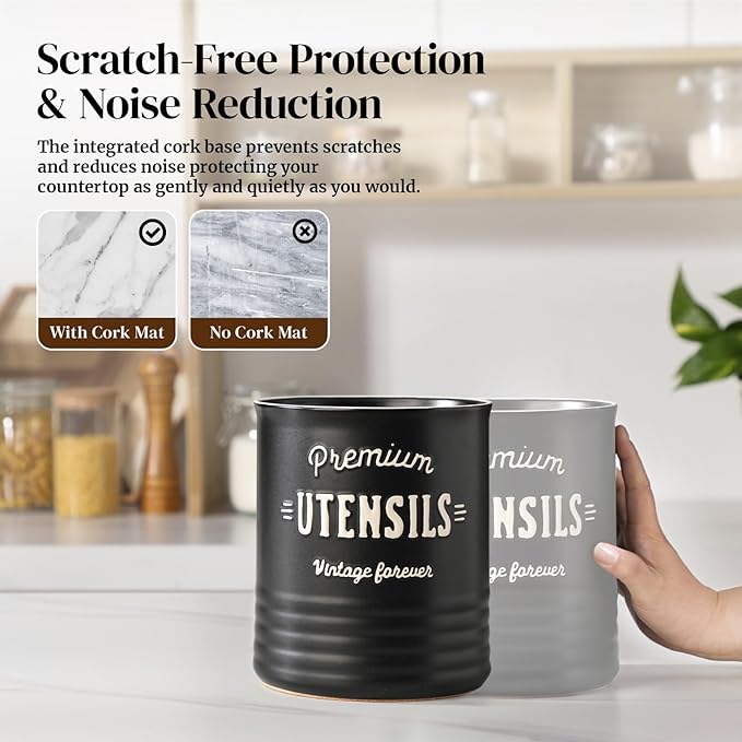 DOWAN 7.2″ Extra Large Utensil Holder, Farmhouse Utensil Holder for Kitchen Counter, Ceramic Utensil Crock with Protection Cork Mat, Utensil Storage for Kitchen Decor & Housewarming Gift, Matte Black