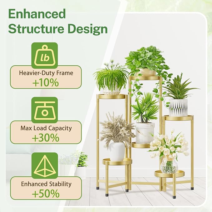 iDavosic.ly Plant Stand Indoor Outdoor, 6 Tier Corner Metal Flower Display Holder Shelf, Folding Tall Orchid Rack for Patio Balcony Porch Garden Living Room House, Gold