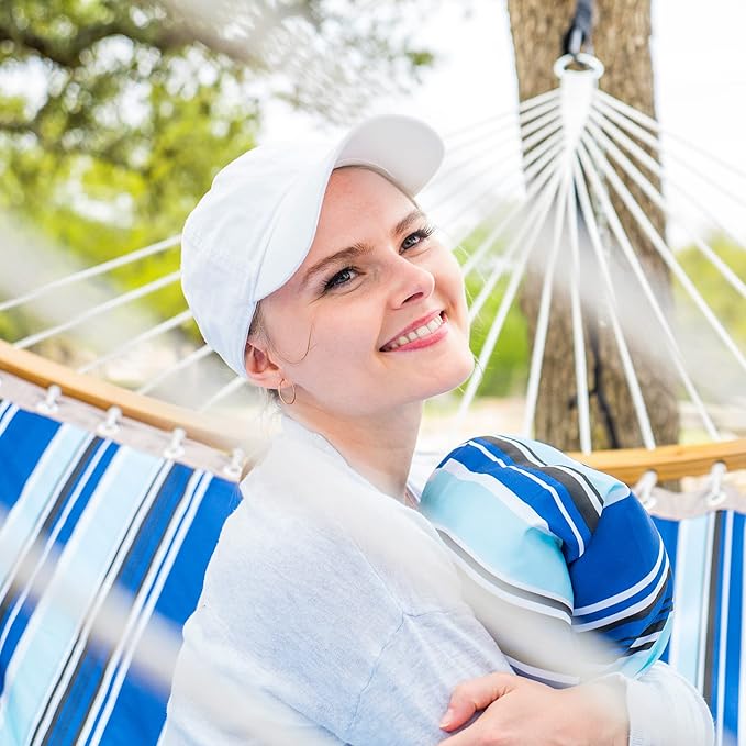 SUNCREAT Portable Hammock with Carrying Bag, 2 Person Hammock with Curved Spreader Bar, Blue Stripes