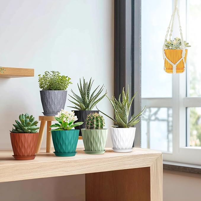 5 inch Plant Pots for Indoor Outdoor Plants, 6 Pack Thick Nursery Pots with Drainage Holes and Saucers, 3D Modern Wave Texture Small Plastic Planter Flower Pots for Succulent, Herb, Black