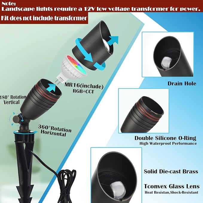 RGB Low Voltage Landscape Lights, LED Outdoor Brass Landscape Lighting with Ground Stake,Color Changing 12V Outdoor Spot Lights,Waterproof Up Lights for Garden Yard