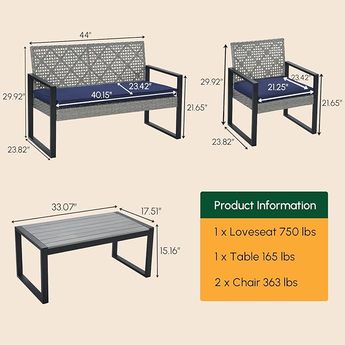 BEEFURNI Wicker Patio Furniture Outdoor Conversation Set of 4, Acacia Wood Table, 2 Rattan Chairs, 1 Loveseat, 2” Cushions, All-Weather, Easy Assembly, 1-Year Manufacturer Warranty (Gray)