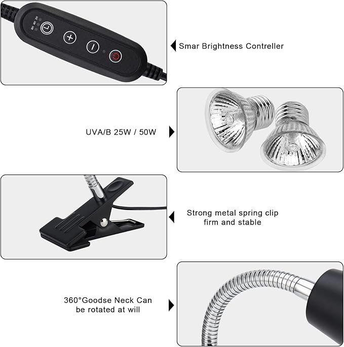 Reptile Heat Lamps, UVA/UVB Turtle Heat Lamp,Turtle Aquarium Light Bulbs, Heating Lamps with Cycle Timer, 360° Rotatable Heat Lamp for Lizard Turtle Snake Aquarium Aquatic Plants,2 Heat Bulbs
