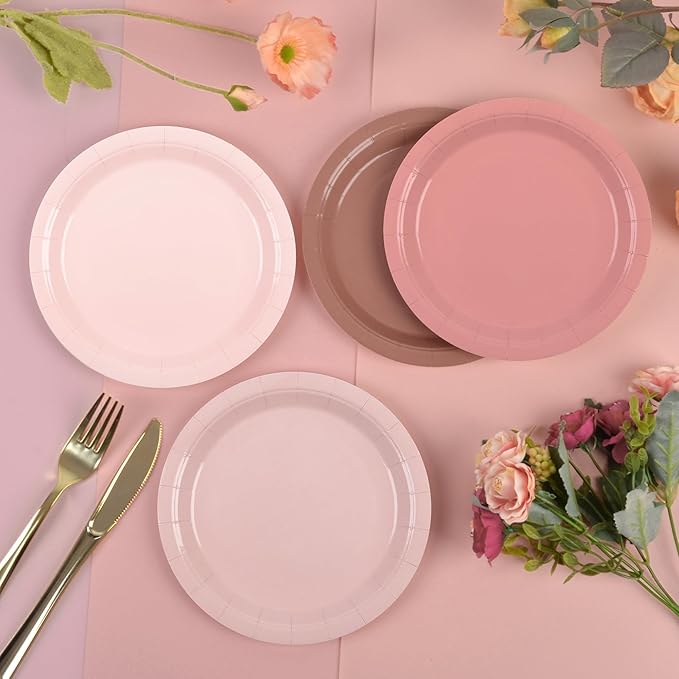 Dusty Pink Paper Plates 7Inch Gradient Pink Party Plates 4 Colors Disposable Round Dessert Plates for Coquette Birthday Wedding Bridal Shower Party Supplies (24)