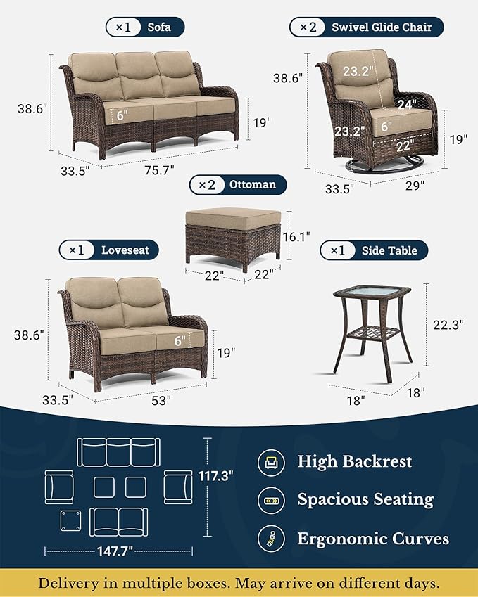 HILLGA Luxury Patio Furniture Set with 6-inch Thick Cushion, Outdoor Couch, Loveseat and High Back Swivel Rocker Patio Chairs, 7PCS Wicker Conversation Set for Deck Yard and Poolside, Beige (V2)