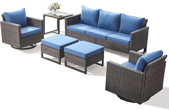 6 Pieces Patio Furniture Set-All Weather Outdoor Swivel Rocker Patio Chairs with Deep Seat Sofa Ottomans and Glass Side Table, Outdoor Conversation Sets for Garden Backyard Deck(Brown/Blue)