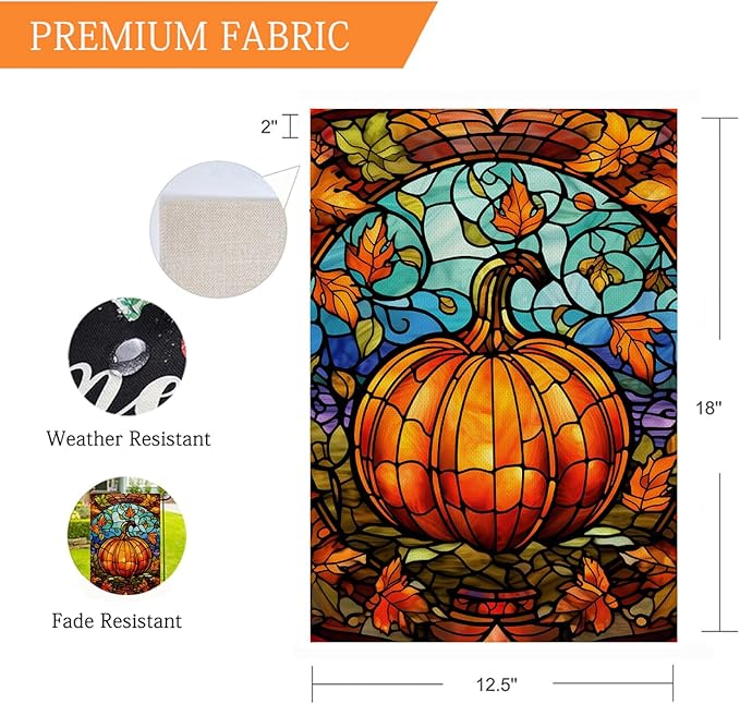 Fall Stain Glass Style Garden Flag 12 x 18 Inch Vertical Double Sided Fall Pumpkin Maple Leaves Small Yard Flag, Thanksgiving Autumn Harvest Holiday Outdoor Decoration
