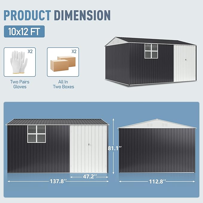10X12 FT Outdoor Storage Shed, Metal Garden Shed with Updated Lockable Doors and Frame Structure, Large Tool Sheds for Backyard Garden Patio Lawn,Black