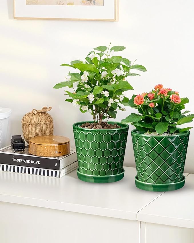 6 Inch Plant Pot,Ceramic Pots for Plants with Drainage,Flower Pots Indoor Pots for Plants, Modern Flower Pots for Home and Office,Set of 2 - Patina