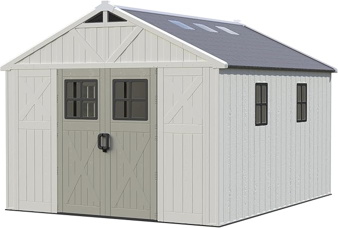 Greesum 10×12 FT Plastic Outdoor Storage Shed with Floor and Lockable Door, Resin Sheds with Windows and Skylights, Weather Resistant Organization for Garden, Lawn, Pool Supplies, Beige