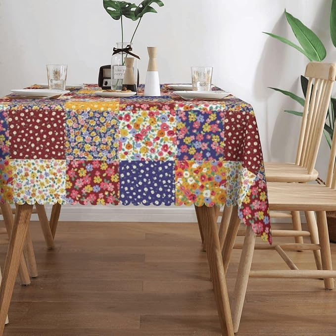 Boho Floral Patchwork Table Cloth for Dining Tables, Reusable Country Garden Fall Flowers Plaid Patchwork Tablecloths Decoration Rectangle Table Cover for Kitchen,Holiday,Party, 54x72 Inch
