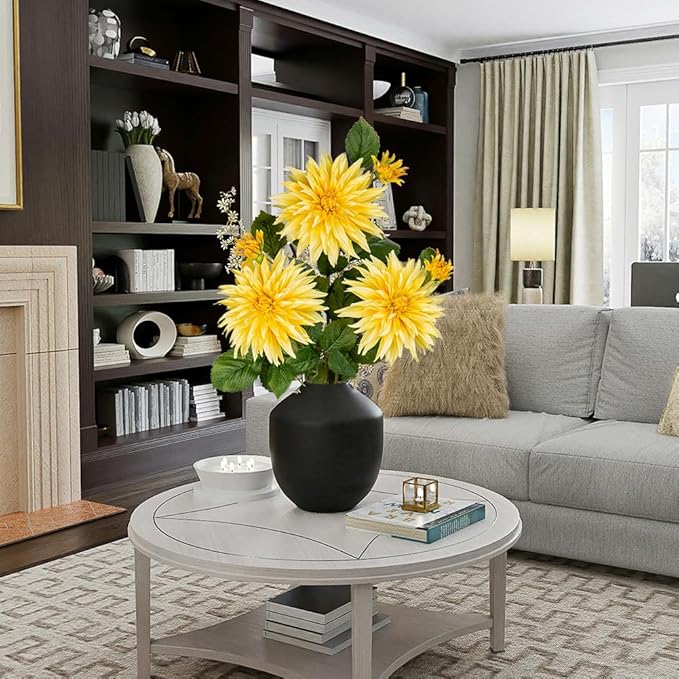 3Pcs Yellow Artificial Dahlia Flowers Fake Flower Silk Flowers with Long Stem 29.5" Floral Arrangements Bouquets Faux Dahlias Flowers for DIY Wedding Party Centerpieces Decor Home Office Decoration