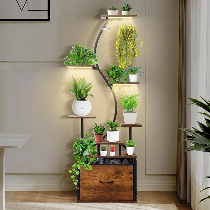 8 Tiered Plant Stand Indoor with Grow Lights, 62 Inch Tall Corner Plant Shelf for Indoor Plants, Metal Plant Rack with Stability Upgrade for Living Room, Patio, Balcony