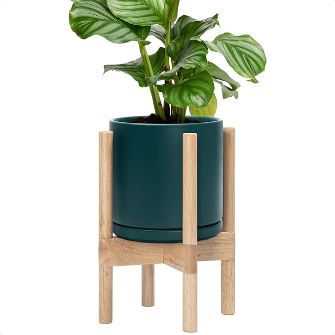 D'vine Dev Ceramic Planter with Natural Stand - 8 Inch Modern Round Flower Pot with Wood Planter Holder, Teal, 55-B-N-4