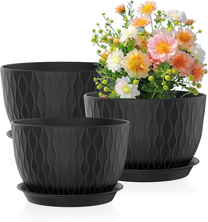 12/10/9 inch Large Plant Pots, 3 Pack Wide Flower Pots for Outdoor Indoor Plants with Water Ripples, Big Plastic Planters with Drainage Holes and Saucers for Garden House Plants, Black