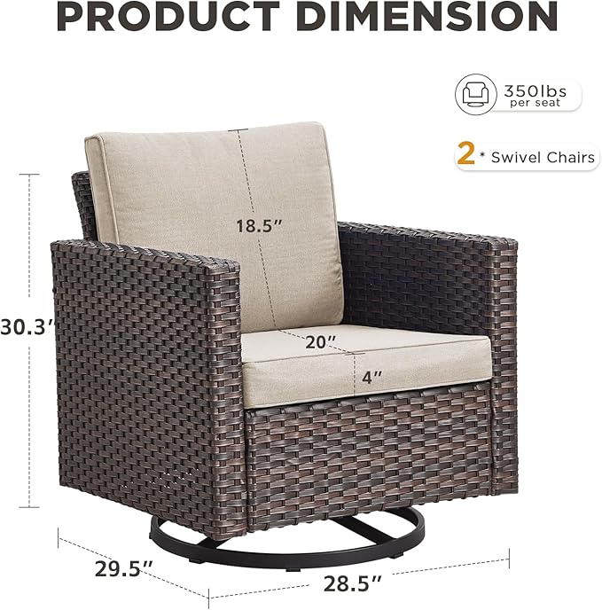 Wicker Swivel Rocker Patio Chairs-High Back Outdoor Swivel Chairs Set of 2 with Thickened Cushions Wide Armrest All Weather Patio Furniture Set for Deck Porch Balcony(Brown/Beige)