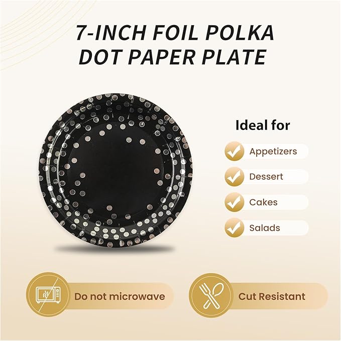 75PCS Paper Plates and Napkins Set - Black and Sliver Dot Disposable Party Dinnerware Includes Paper Plates, Napkins, Forks Decorations for Graduations, Birthdays and Weddings, Serves 25