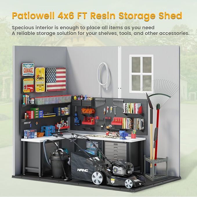 Patiowell 4' x 6' Outdoor Storage Shed with Floor, Plastic Shed Outside Resin Tool Shed with Window and Lockable Door for Backyard Garden Patio Lawn, White (Fit-it Shed)