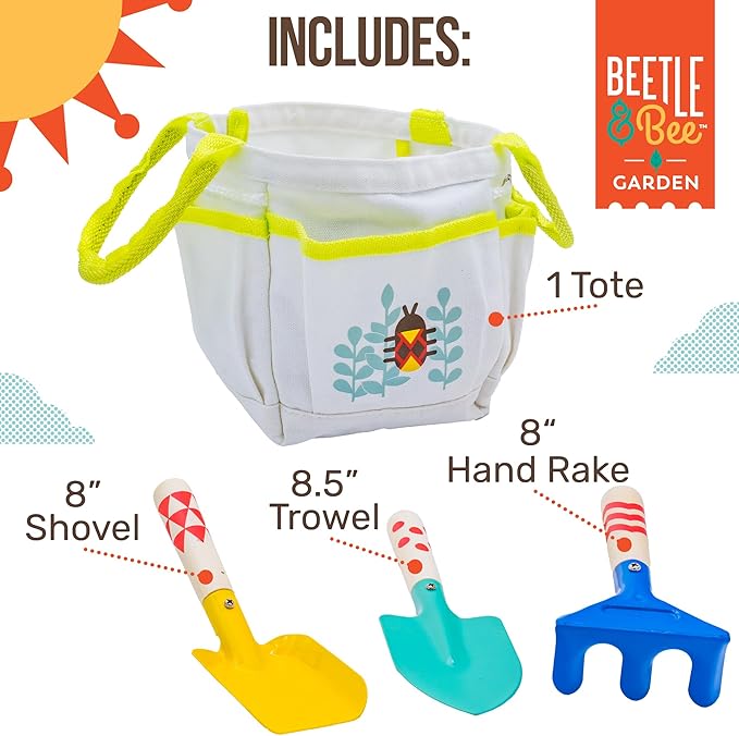 Beetle & Bee Kids Garden Tote Kit – Durable, Easy-to-Clean Gardening Tools Set - Includes Canvas Tote Bag, Hand Rake, Shovel & Trowel - Perfect Toddler Gardening Set