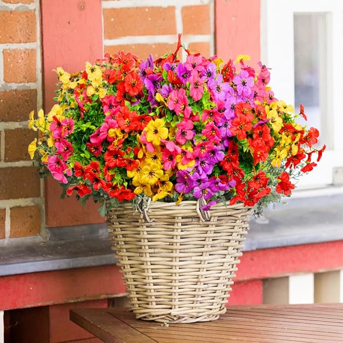 Artificial Flowers for Outdoors, 12 Bundles Outdoor Faux Plants,Uv Resistant Artificial Fake Flowers Plants, Realistic Spring Decor for Porch, Patio, Yard (RedYellowPurple)