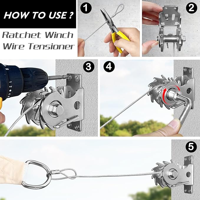 Shade Sail Hardware Kit with Ratchet Winch Wire Tensioner for Rectangle/Triangle Shade Sail Installation, 304 Grade Stainless for Garden, Outdoors (Winch + Hardware Kit + Cables)
