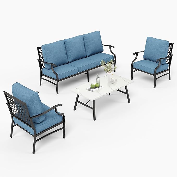Patio Furniture Set 4 pcs, Metal Outdoor Patio Furniture, 3-Seat Sofa, 2 Single Chairs, Coffee Table and 5.75" Extra Thick Cushion, Conversation Set for Backyard Deck, Navy Blue
