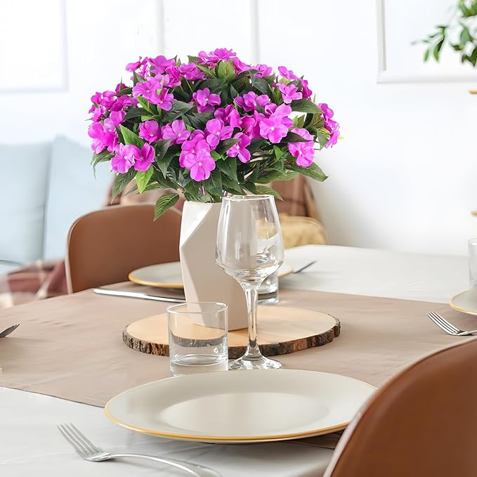 Artificial Flowers for Outdoors Silk Impatiens Flowers Faux Flowers Impatien Bushes Artificial Impatiens for Pot Patio Lawn Garden Hanging Basket Porch Decor (8, Purple)