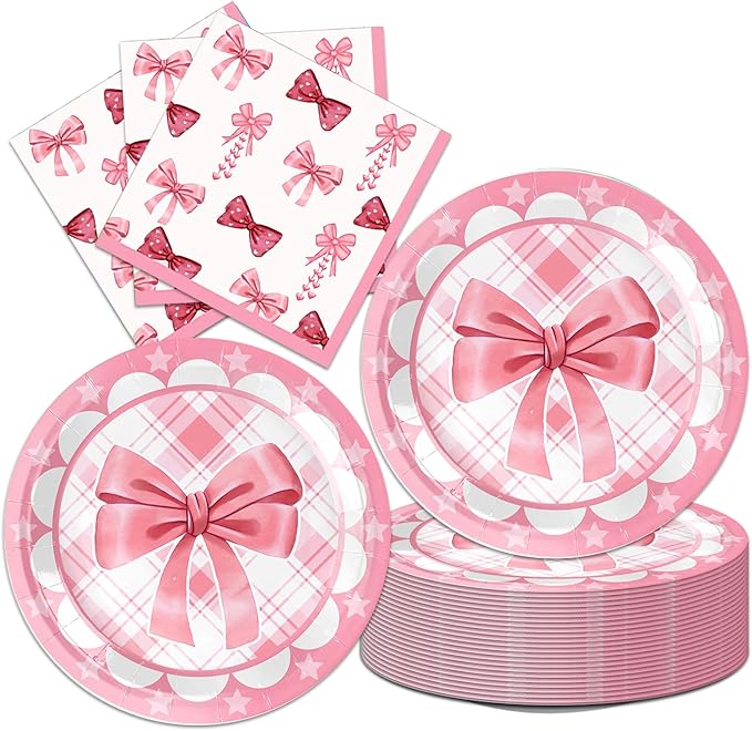 40Pcs Pink Bow Birthday Party Decorations for 20 Guests - Pink Bow Plates and Napkins Party Supplies for Girls Baby Shower