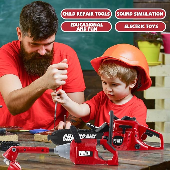 2 Pcs Toy Gardening Tool Set for Kids Toy Chainsaw, Weed Trimmer Battery Powered Gardening Tool Set with Lights and Sounds Gift for Boys Girls